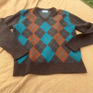 Vintage Le Tigre Brown and Teal Argyle V-Neck Sweater Size Medium
